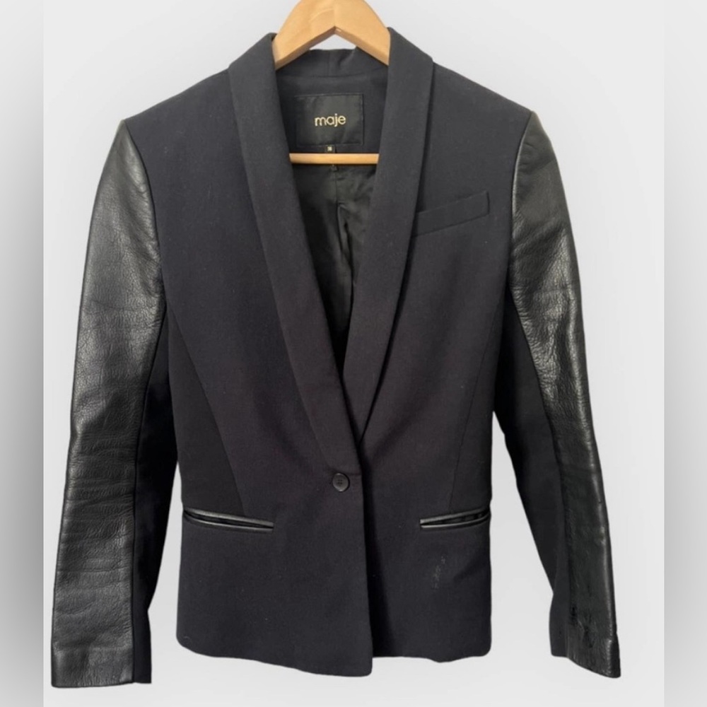 Maje Black Wool & Leather Blazer Size 4